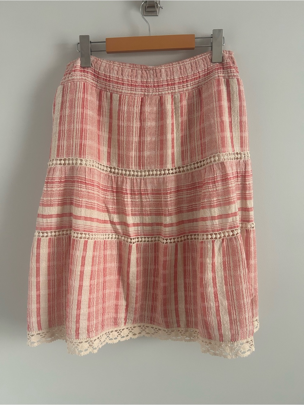 Luna Moon Pink & Cream Striped Crochet Trim Cotton Boho Skirt, Size Large